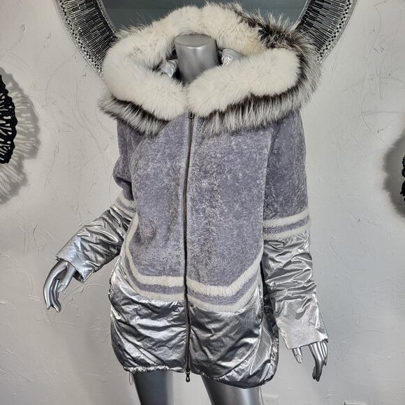 MITCHIE'S~M/L~SILVER GRAY GENUINE SHEARLING REAL FOX FUR HOODED PARKA COAT - Picture 8 of 16